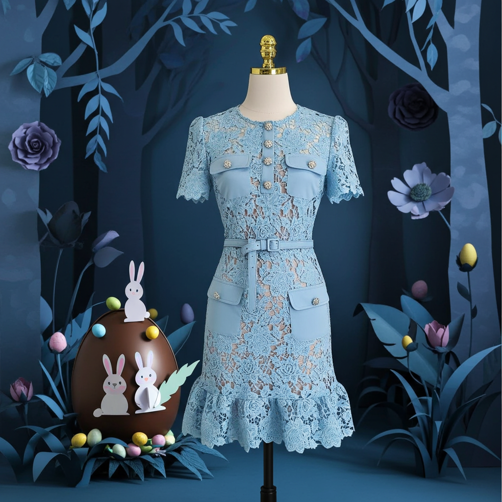 Elegant Summer Lace Dress for Women with Floral Embroidery, Diamond Buttons, Belted Waist, and Ruffle